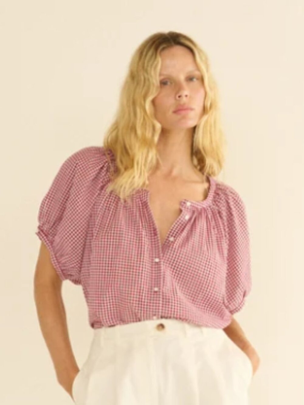 DÔEN June Top Mulberry La Maddalena Gingham Puff Sleeve Blouse